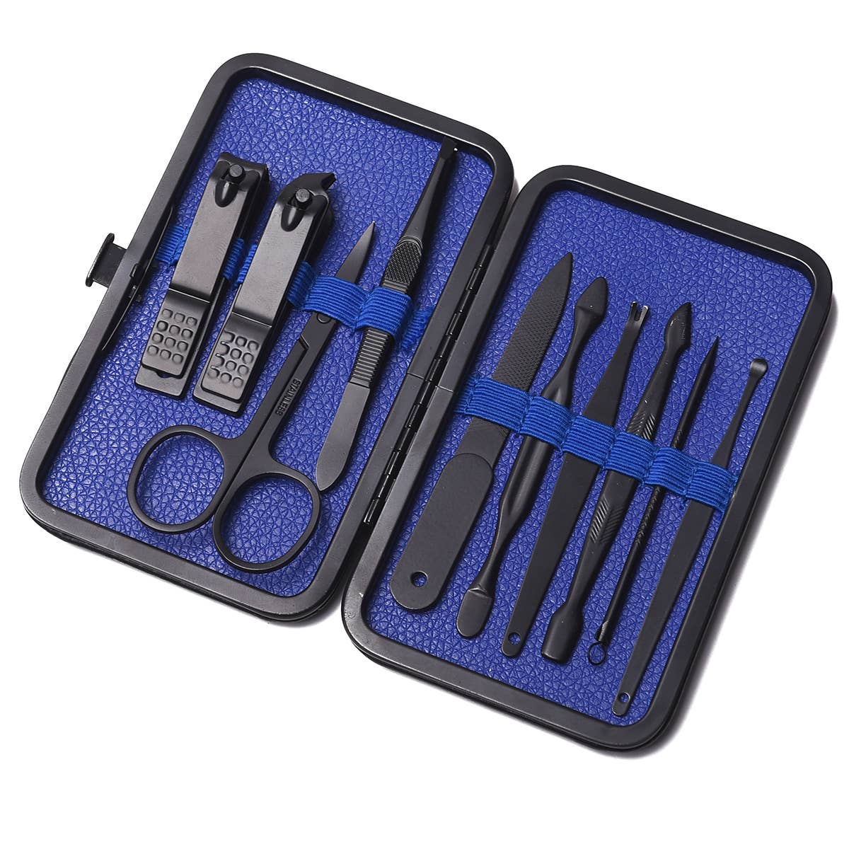 Mad Man Color Pop 10-Piece Men's Grooming Kit - blue nail care set displayed flat; stainless steel