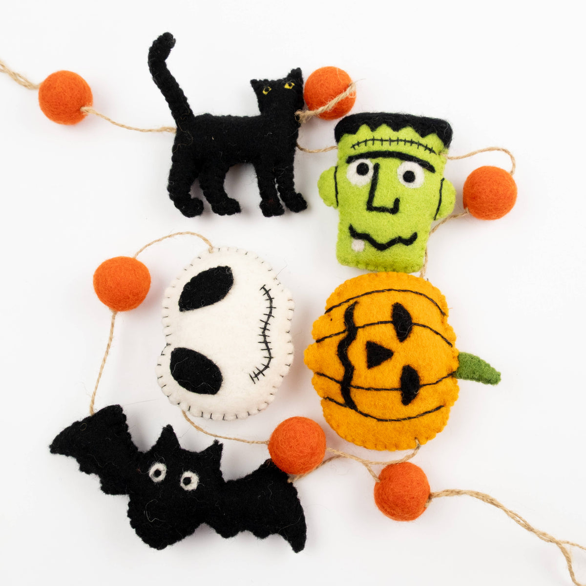 The Winding Road - Garland - Halloween Decor, Ghost, Black Cat, Frankenstein — felt Halloween character ornaments arranged together