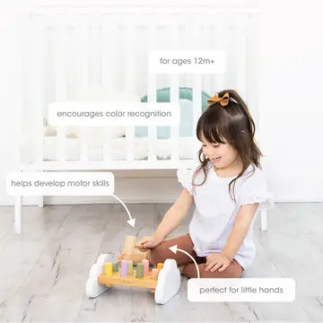 Pearhead FSC-certified wooden toddler hammer bench toy, Pearhead educational toy size graphic and preschool motor skills text