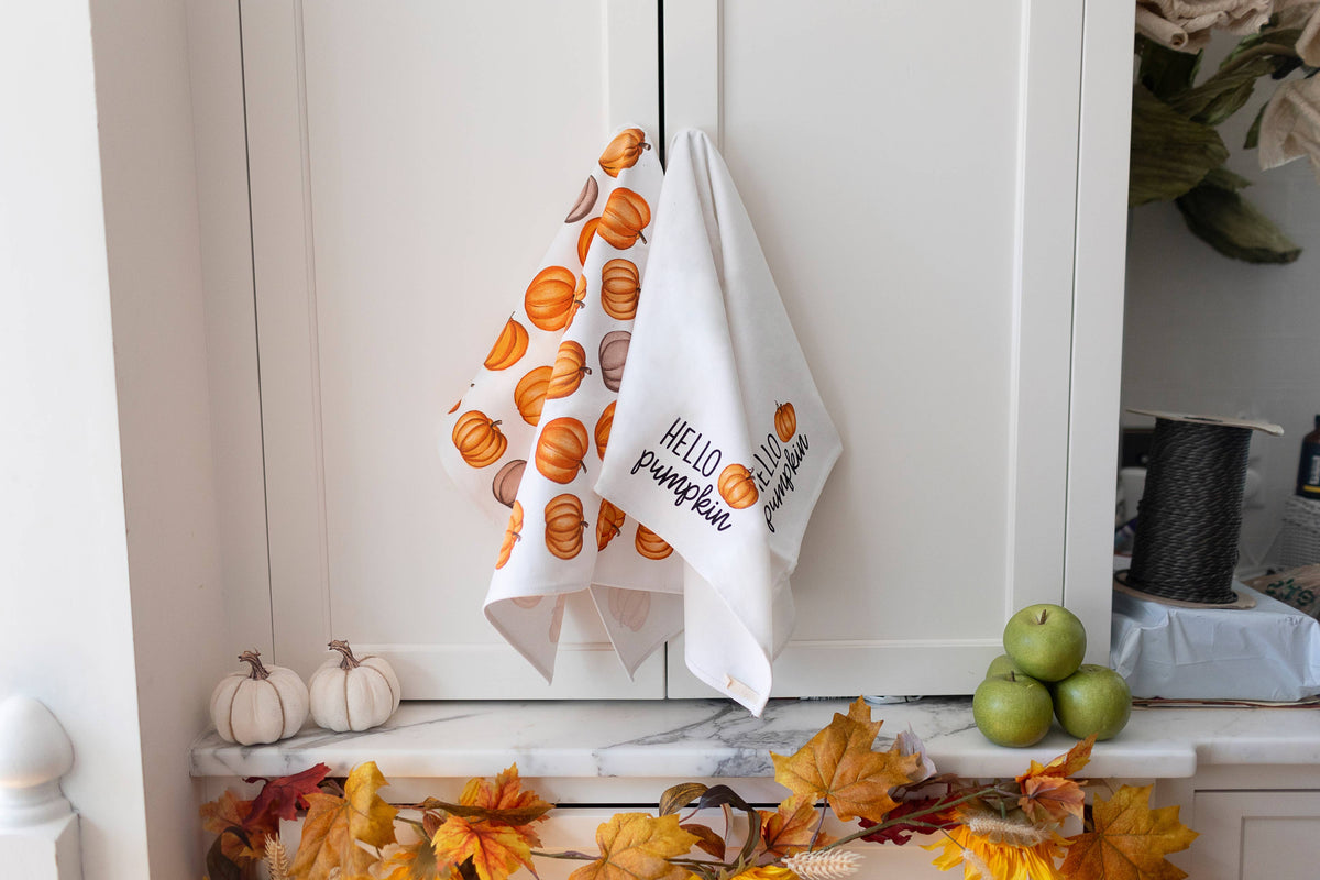 Hello Pumpkin Kitchen Dish Towels, Halloween Set of 2
