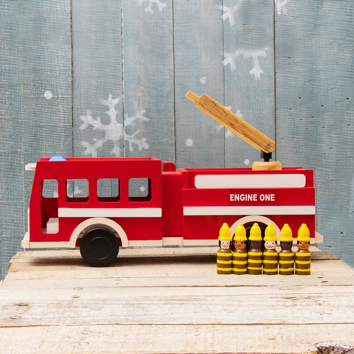 Mr. Ellie Pooh - Large Wooden Fire Truck Toy – 20” Ladder Engine with 6 Firefighters — alternate product image, view 2