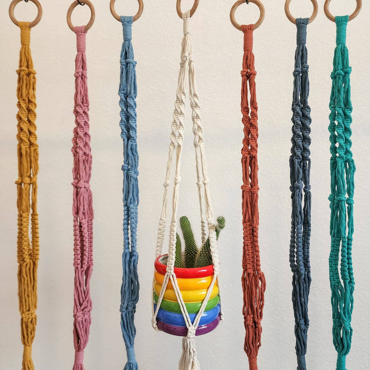 Handmade By Uruba - Modern Boho Plant Hanger with Wooden Ring, Home Decor
