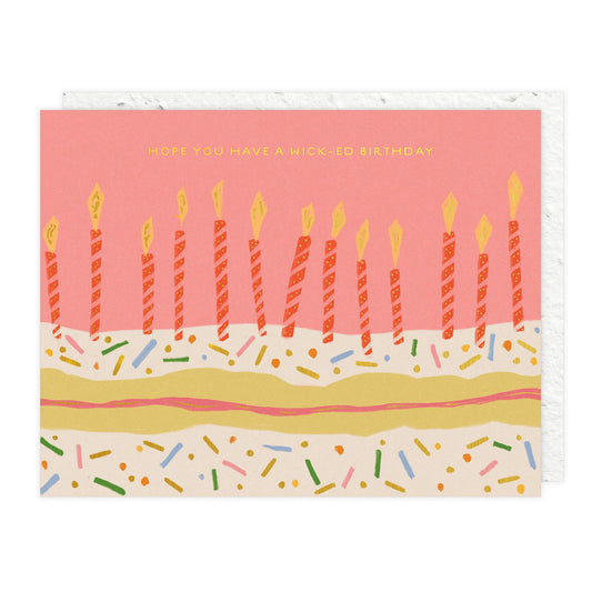 Seedlings birthday card with plantable envelope, pink birthday card with rows of colorful illustrated candles