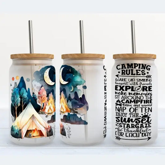 Kate Haven Camping Rules - 16oz Frosted Libbey Glass - camping rules frosted drinking glasses with wood lids and straws