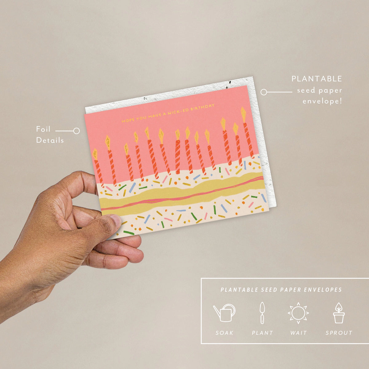 Seedlings birthday card with plantable envelope, hand holding birthday candle card with plantable seed-paper envelope