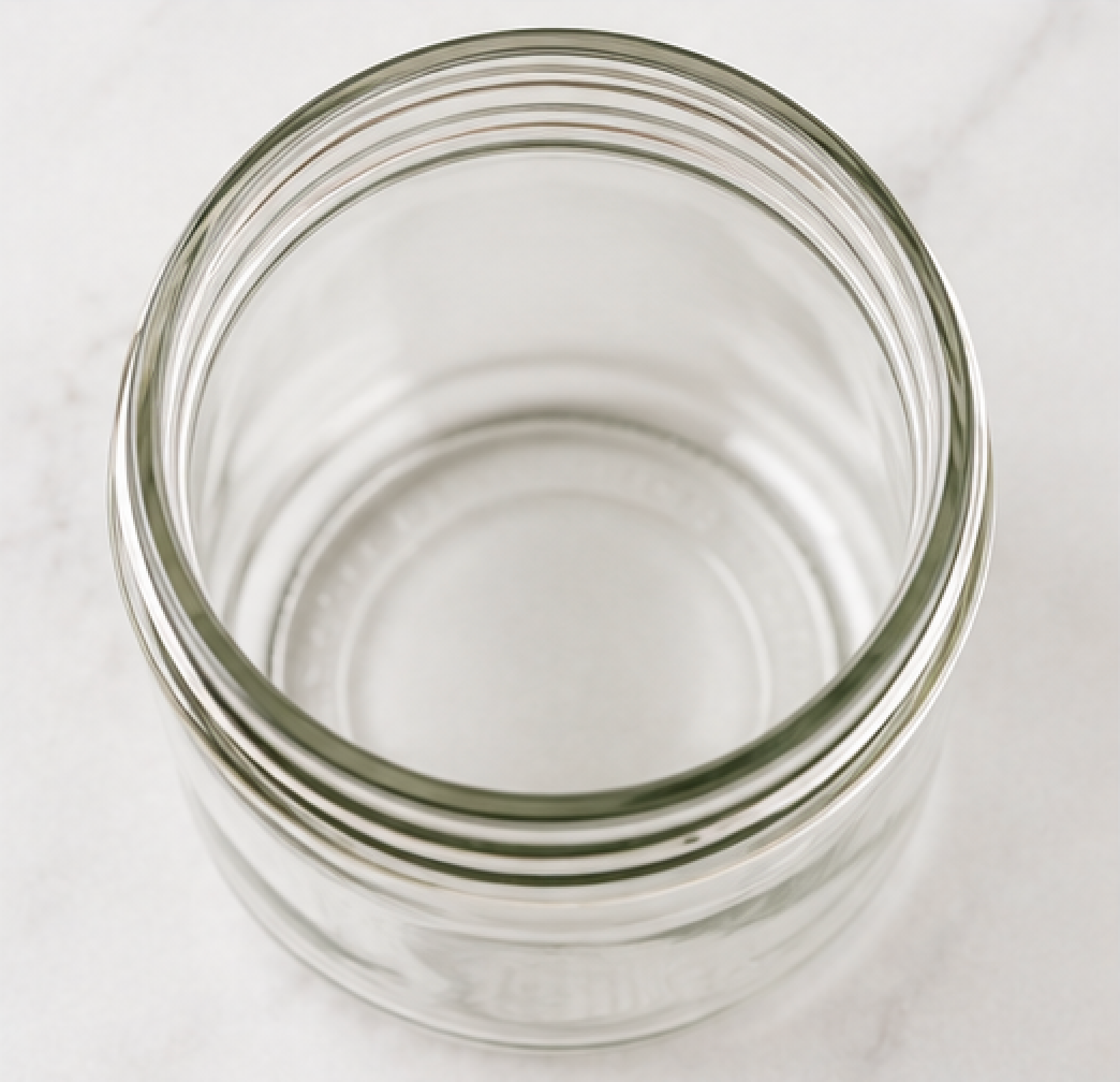 Overhead view into Everyday Supply Co wide-mouth clear glass mason jar showing round opening