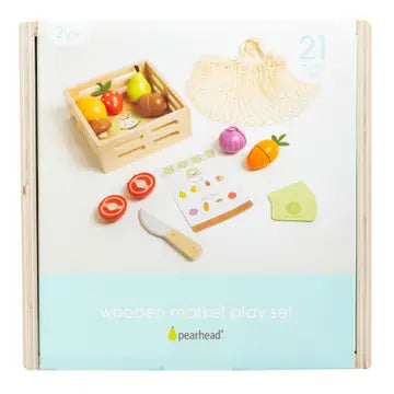 Pearhead Wooden Farmers Market 21-Piece Toy Set: front angle showing wheels and cab; FSC-certified wood