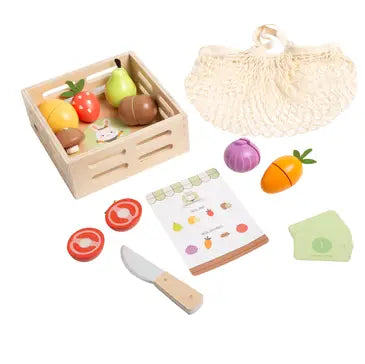 Pearhead Wooden Farmers Market 21-Piece Toy Set: toy and its parts arranged together