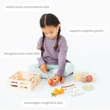 Pearhead Wooden Farmers Market 21-Piece Toy Set: side angle of toy and accessories; FSC-certified wood