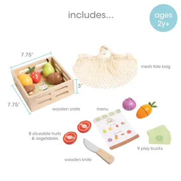 Pearhead Wooden Farmers Market 21-Piece Toy Set: close-up of interactive parts; FSC-certified wood
