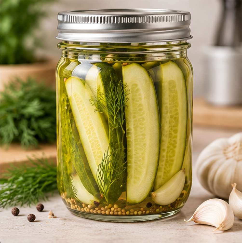 Everyday Supply Co glass wide-mouth mason jar filled with homemade pickled cucumbers