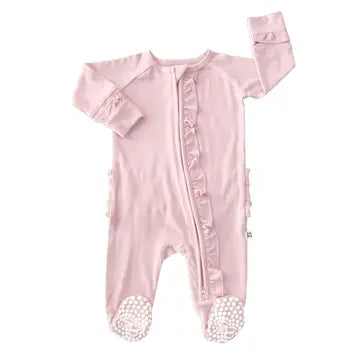 Sweet Bamboo Pink Ruffle Footie Onsie: child wearing the outfit