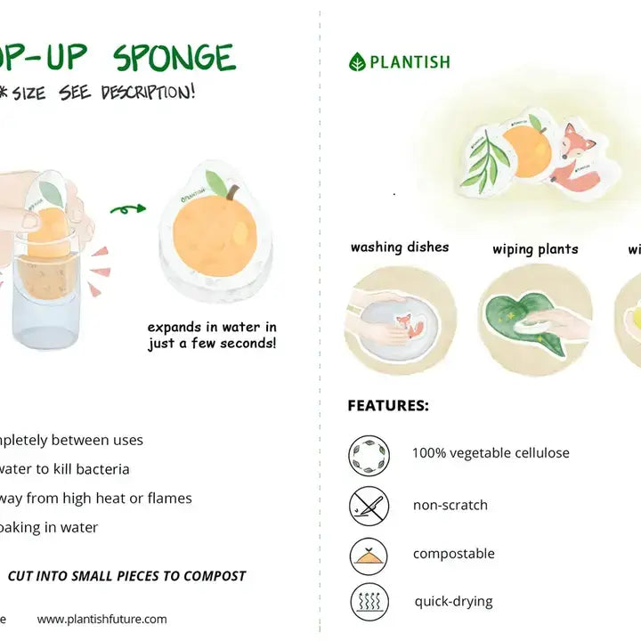 Plantish – Rainbow Flutter - Pop Up Sponge, illustrated product features and benefits; biodegradable material