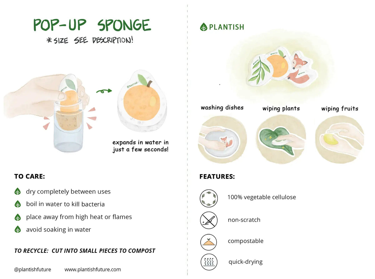 Plantish zero-waste whale sponge instruction graphic showing how the cellulose sponge expands in water