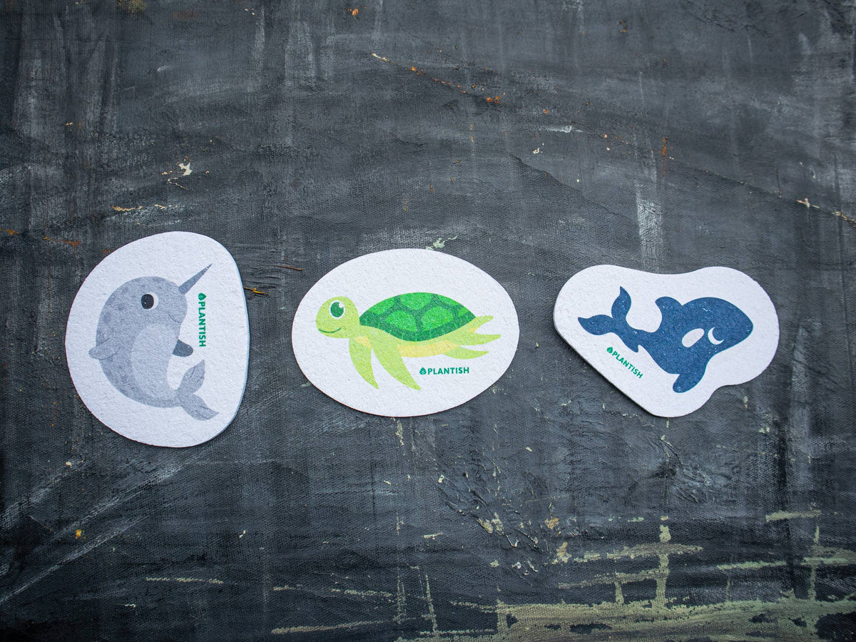 Plantish Sea Turtle - Pop up Sponge - sea turtle with other ocean shape sponges; compostable