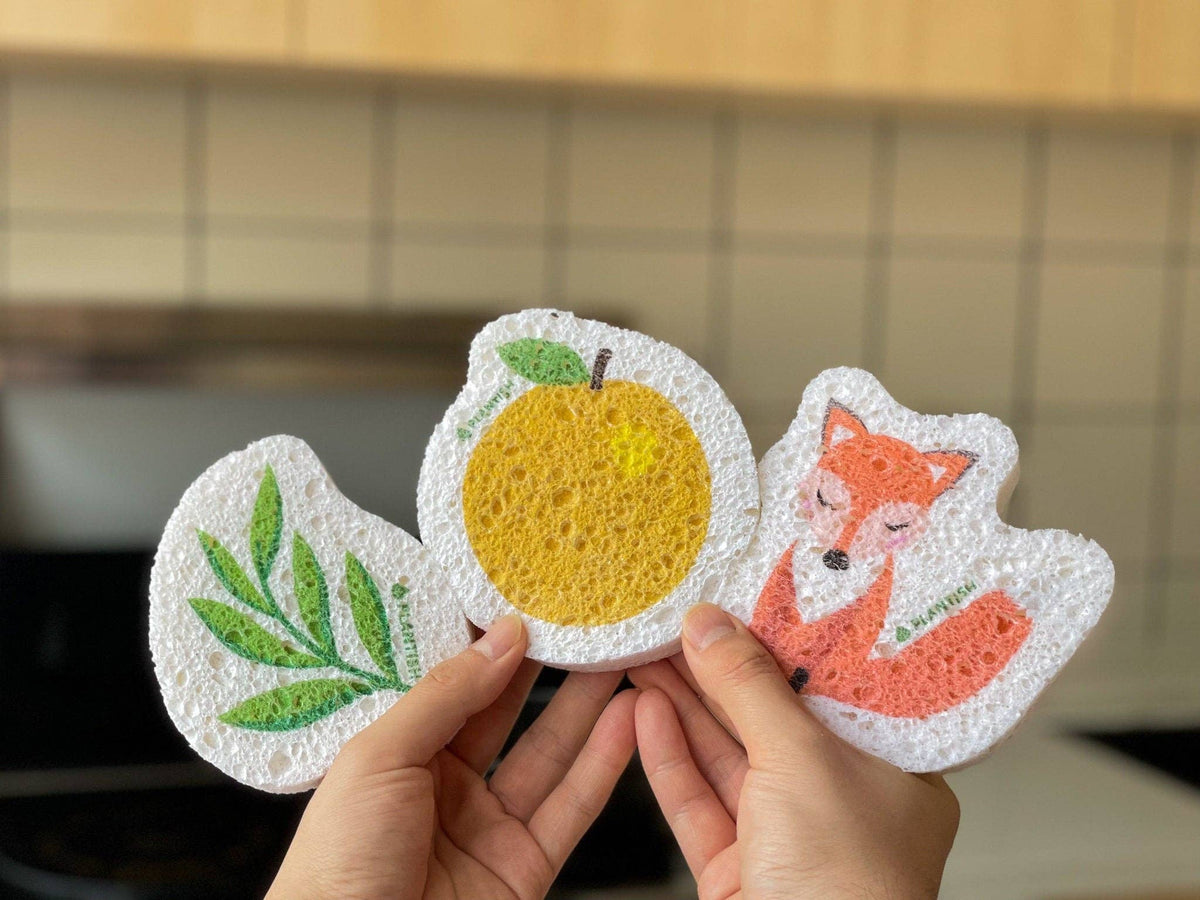 Plantish plastic-free compostable orange cellulose sponge, hand holding orange sponge beside botanical cellulose designs