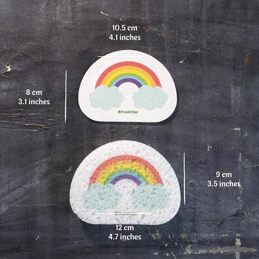 Plantish Rainbow Cloud - Pop-up Sponge - rainbow sponge before and after expansion size comparison; plant-based