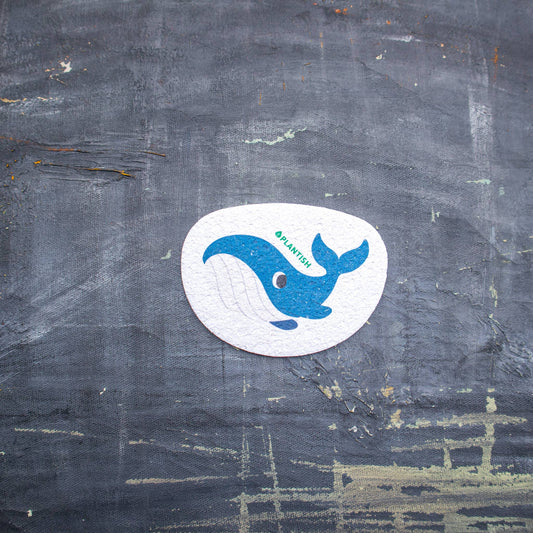 Zero-waste, plastic-free Plantish cellulose pop-up sponge with a blue whale illustration