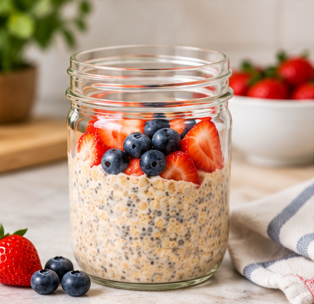 Everyday Supply Co wide-mouth mason jar filled with overnight oats and berries