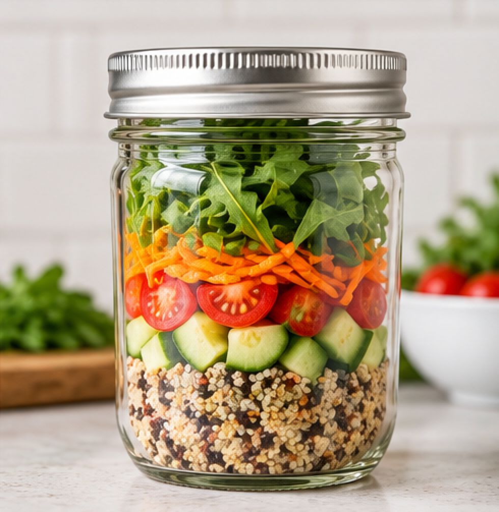 Everyday Supply Co reusable glass mason jar used for grain salad with greens and vegetables