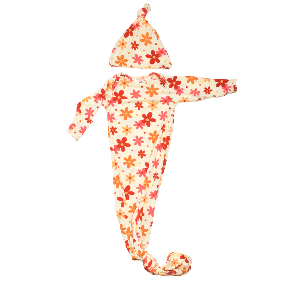 Three Little Tots - 70s Groovy Flower Knotted Newborn Baby Gown — alternate product image, view 2