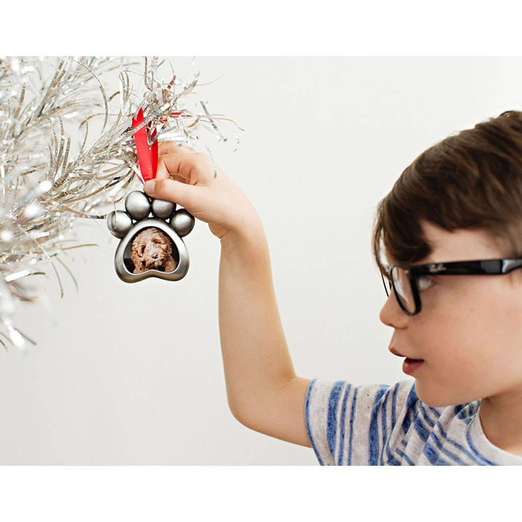 Paw Shaped Pet Silver Christmas Photo Ornament