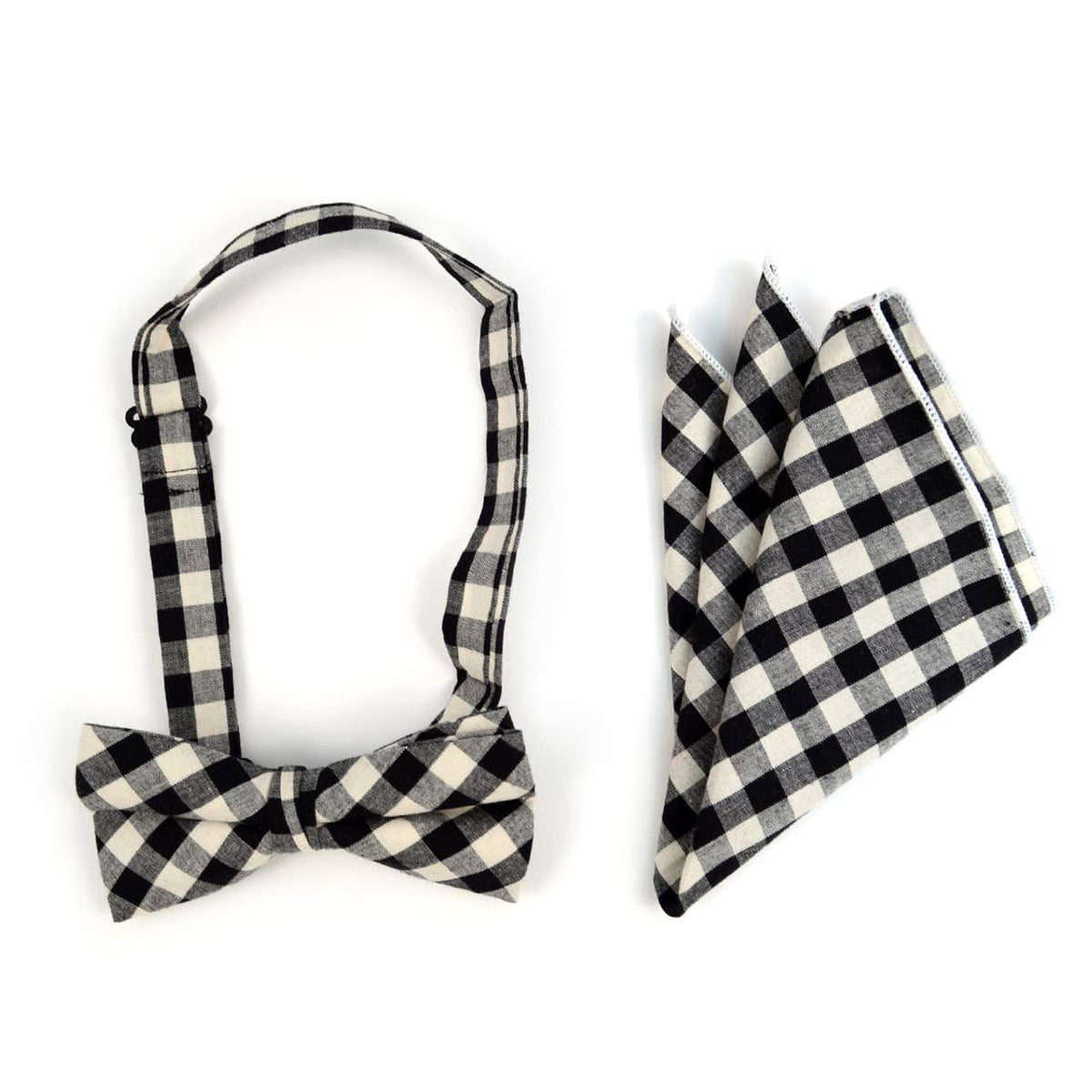 Selini New York - Men's Black Plaid Cotton Bow Tie & Matching Pocket Square — alternate product image, view 4