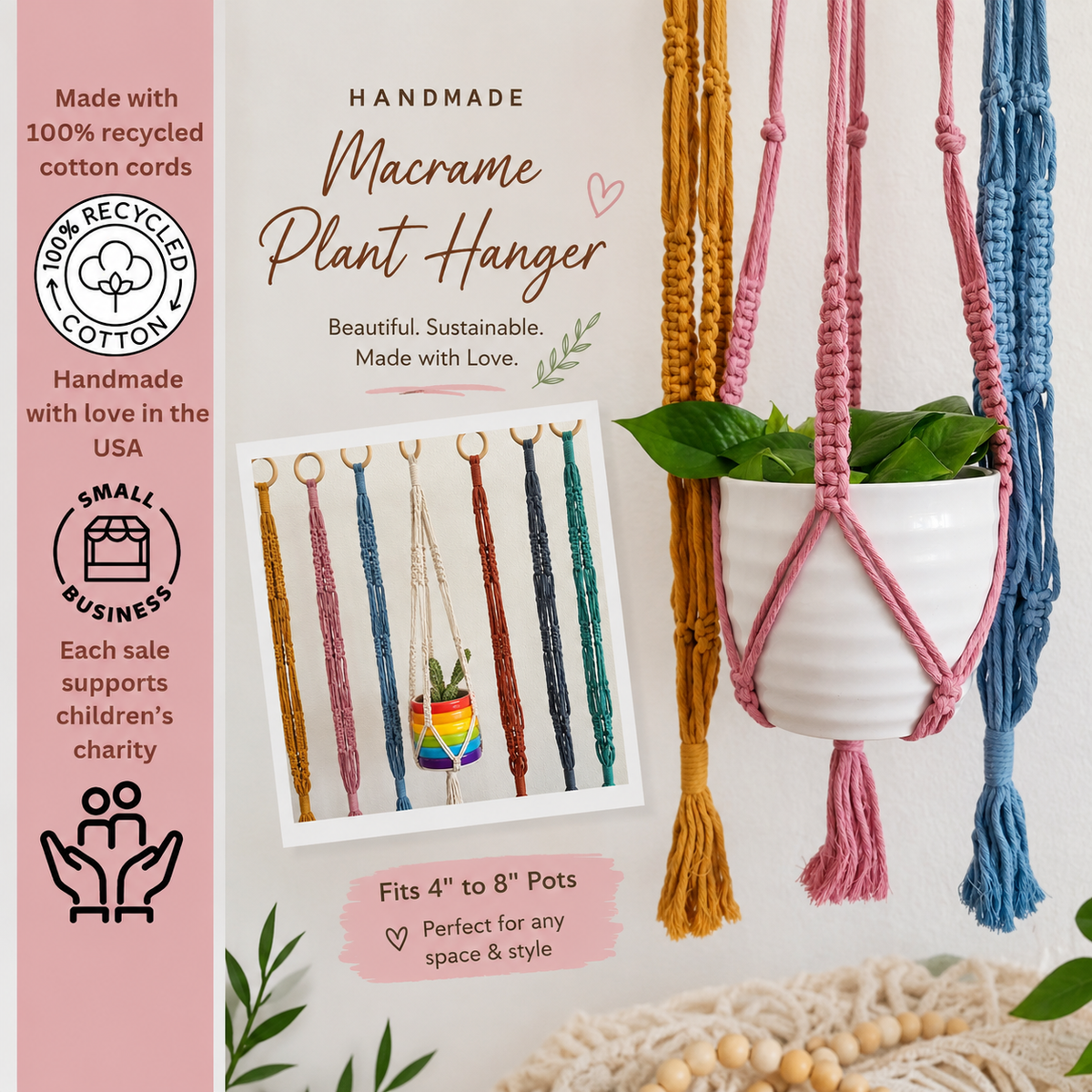 Handmade By Uruba - Modern Boho Plant Hanger with Wooden Ring, Home Decor — alternate product image, view 2