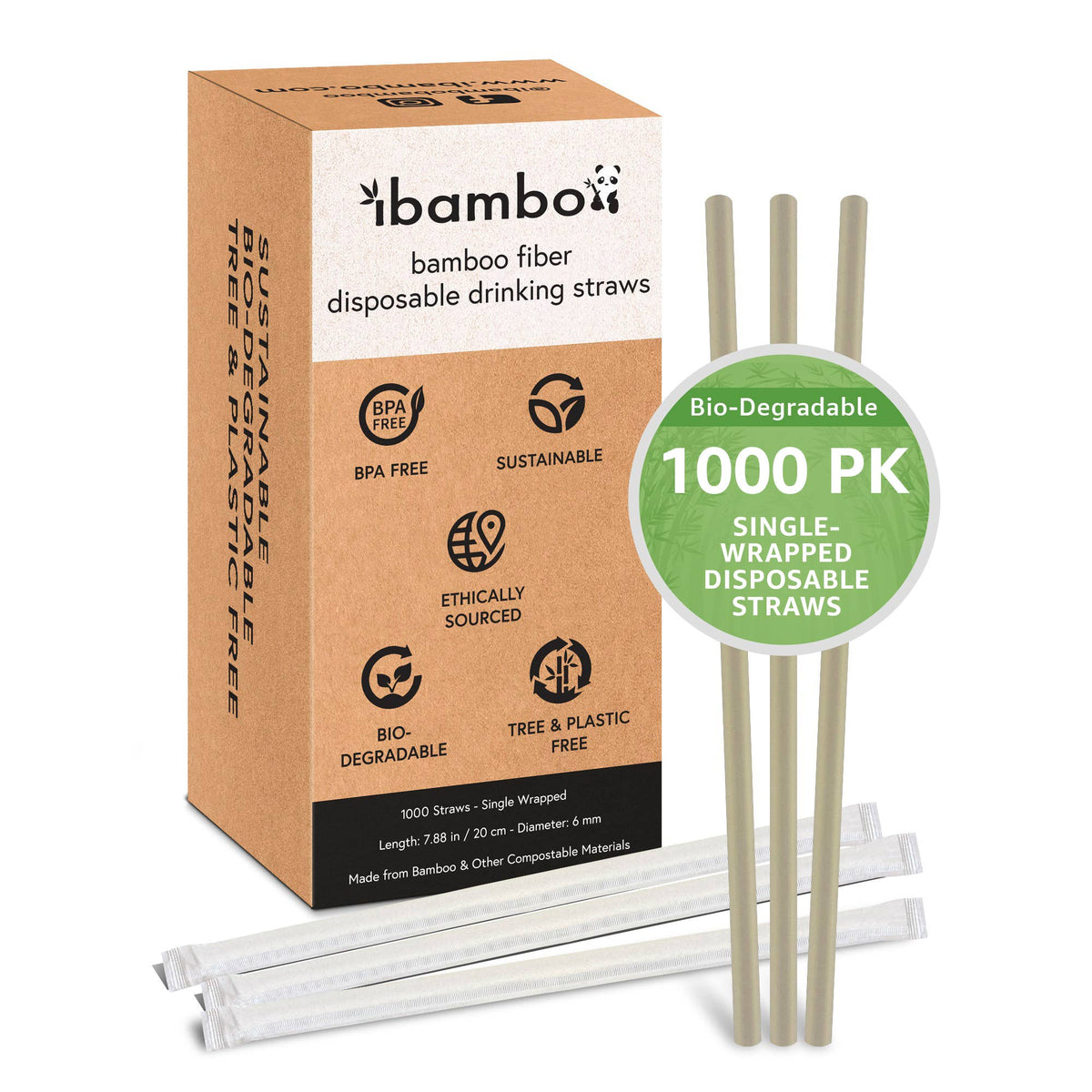 Bulk Bamboo Disposable Straws - Wrapped - 1000 Straws