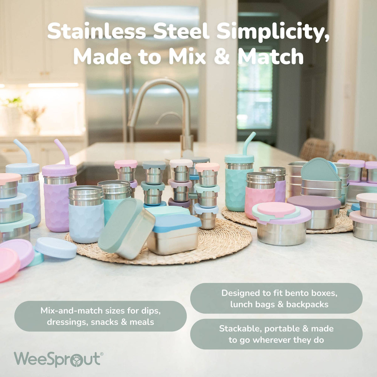 WeeSprout – Stainless Steel Nesting Storage Containers – Set, pastel colors color option; different photographed composition