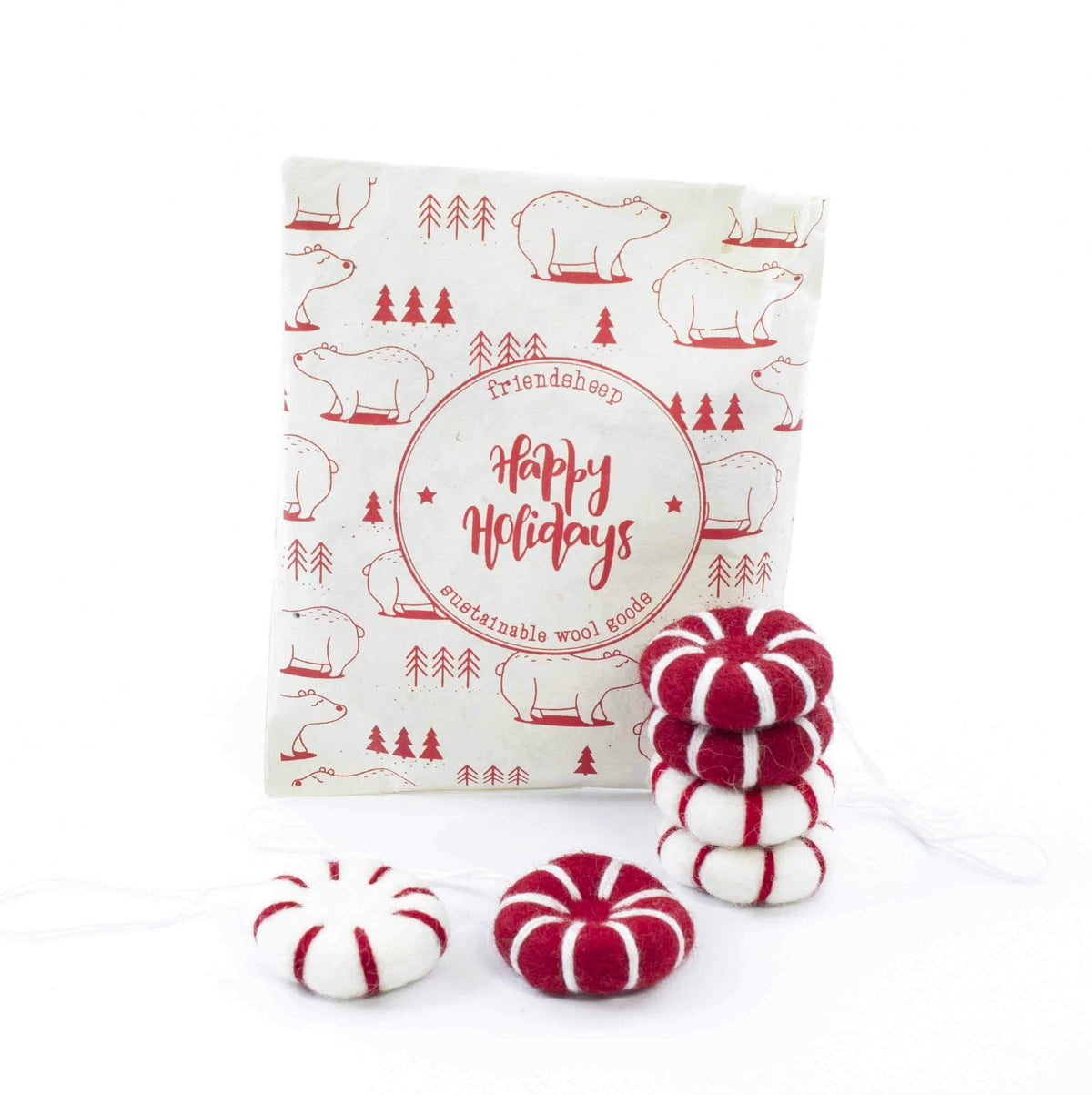 Friendsheep - Peppermint Holiday Eco Wool Ornament - Red & Whites (3R+3W)