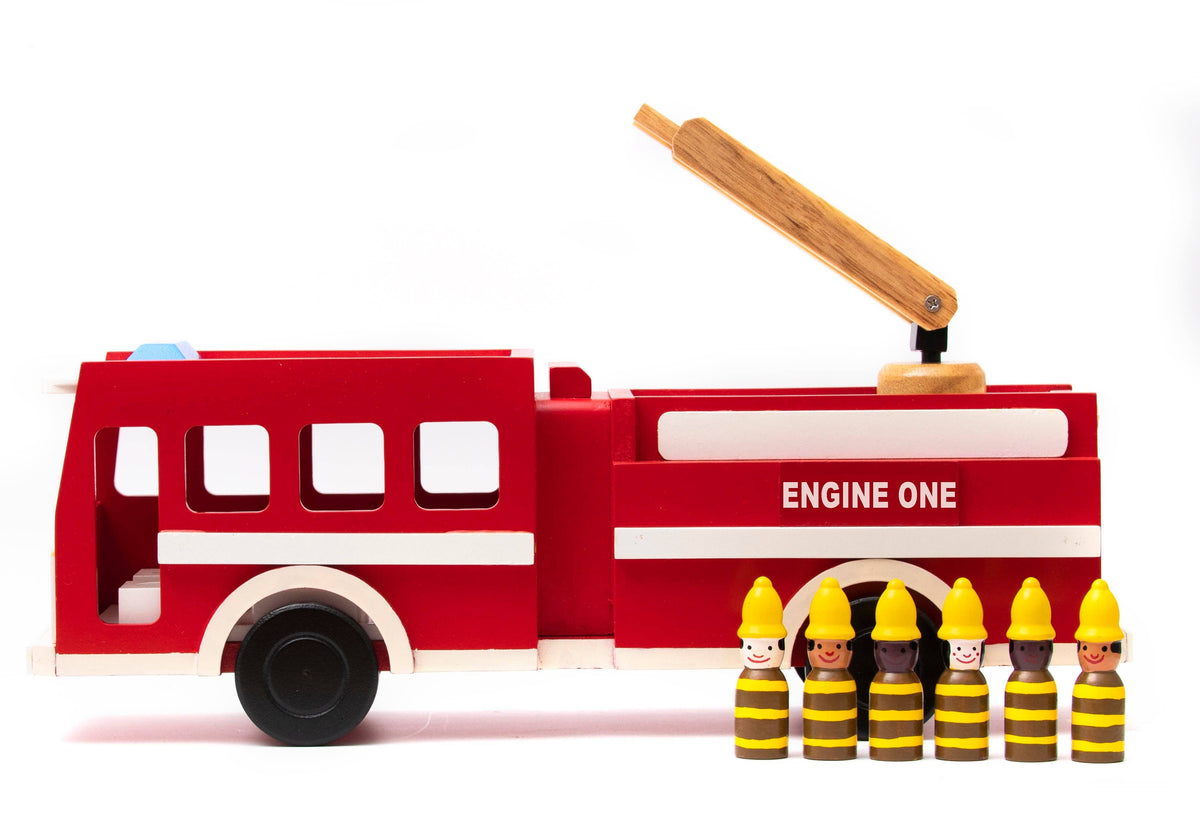 Mr. Ellie Pooh - Large Wooden Fire Truck Toy – 20” Ladder Engine with 6 Firefighters — alternate product image, view 4