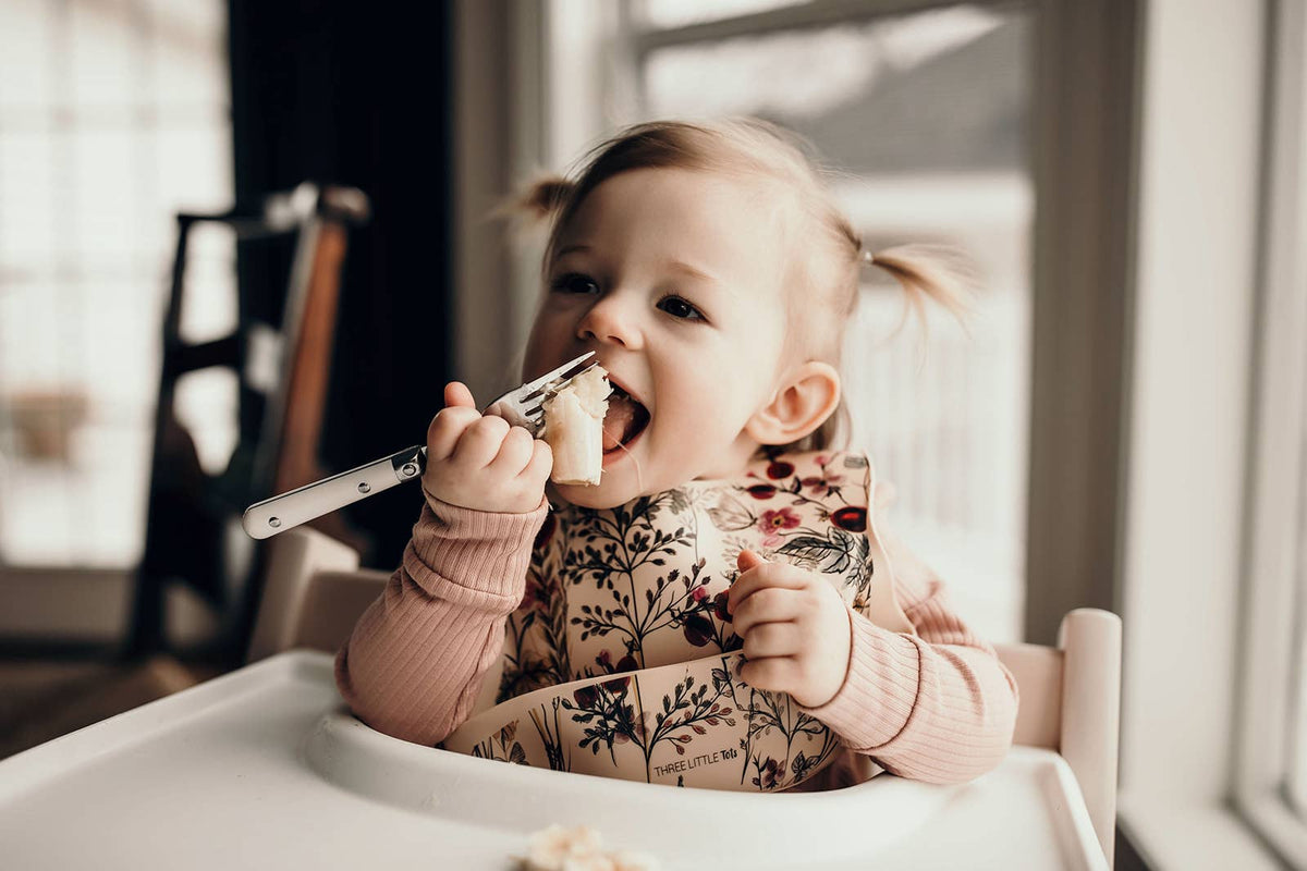 Three Little Tots - Flower Print Silicone Bib with Crumb Catcher — alternate product image, view 3