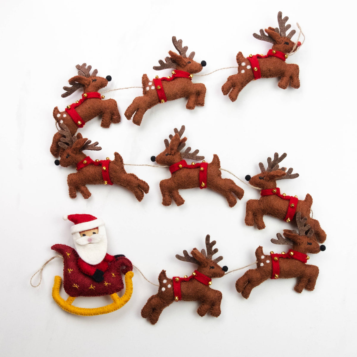 The Winding Road - Garland - Christmas - Santa Sleigh and 8 Reindeer - Brown — Santa sleigh and reindeer felt Christmas garland
