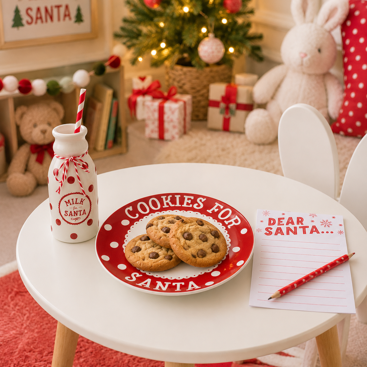 Set navideño de plato para galletas de Papá Noel, jarra de leche y letra
