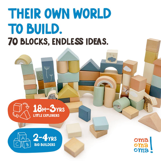 OmaOmaOma! Montessori-Inspired Wooden Learning Toys - Wooden Safari Building Blocks - 70pc Wooden Block Set 2+