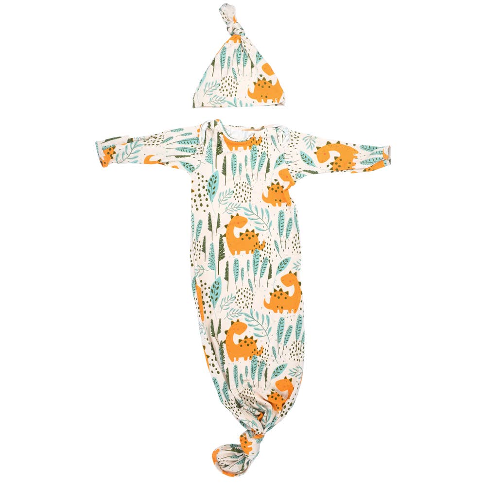 Three Little Tots - Dinosaur Animal Print Zoo Knotted Gown — dinosaur print knotted gown laid flat
