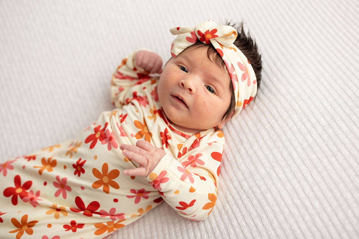 Three Little Tots - 70s Groovy Flower Knotted Newborn Baby Gown — alternate product image, view 7