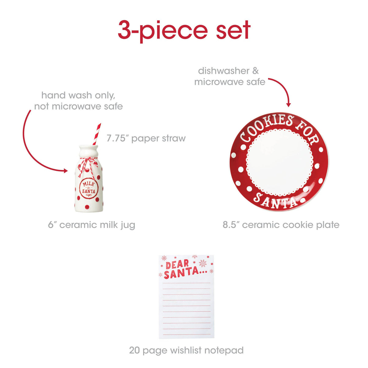 Set navideño de plato para galletas de Papá Noel, jarra de leche y letra