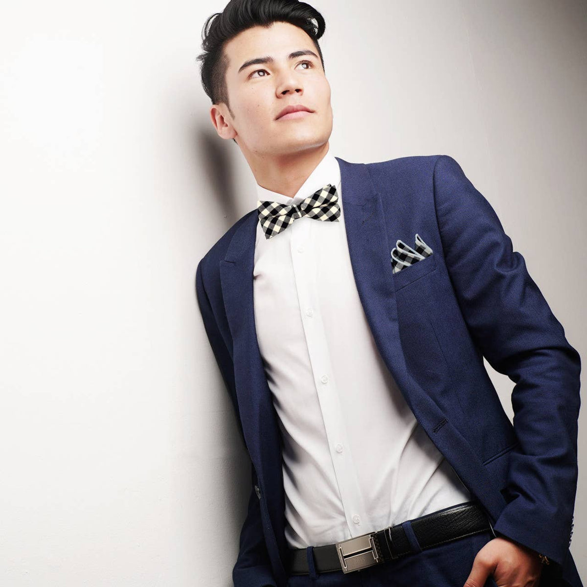Selini New York - Men's Black Plaid Cotton Bow Tie & Matching Pocket Square — alternate product image, view 2