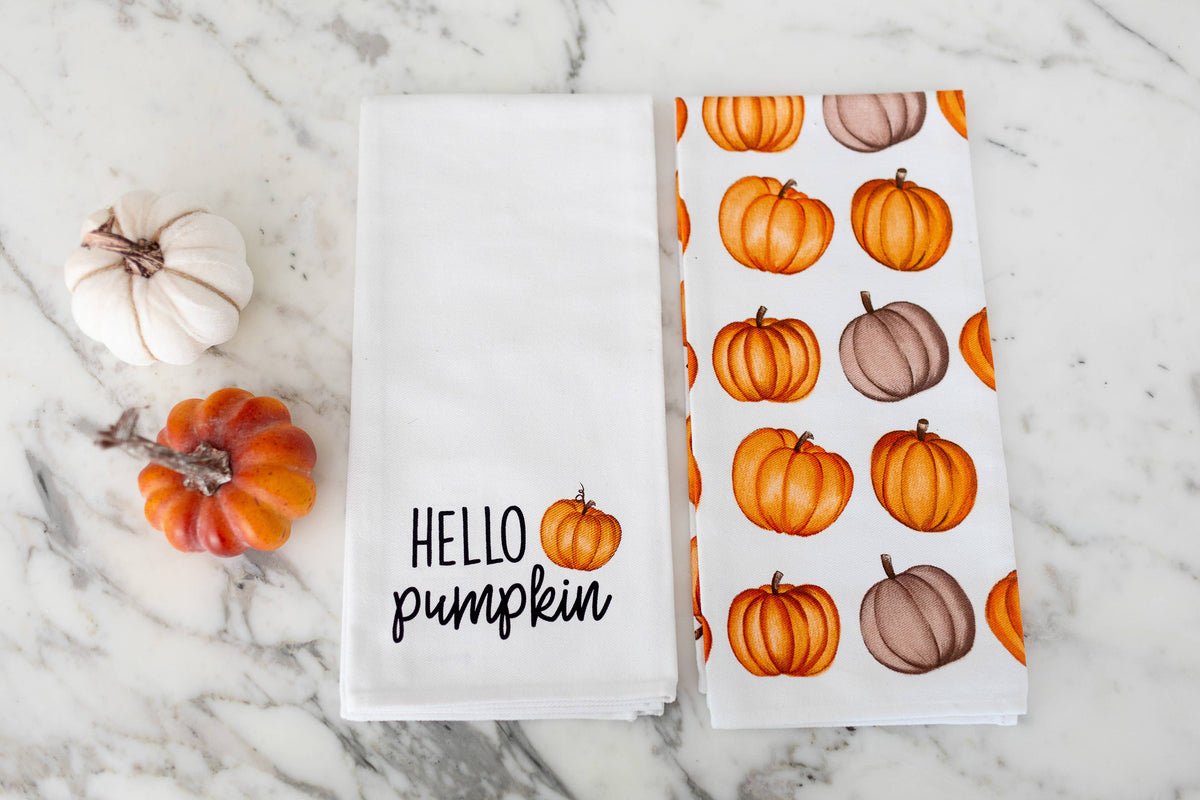 Hello Pumpkin Kitchen Dish Towels, Halloween Set of 2