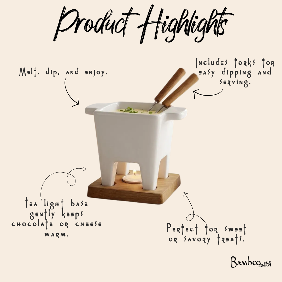 Bamboo Switch - Ceramic Cheese Fondue Pot with Bamboo Base — alternate product image, view 4