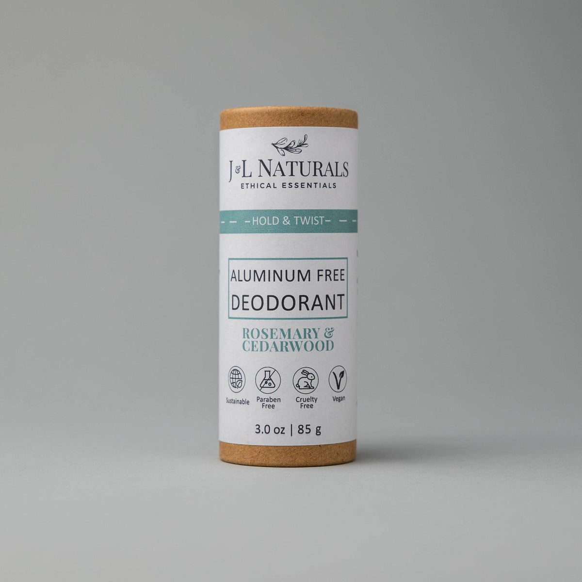 J&L Naturals Extra-Strength Deodorant (Full Size - close view white deodorant stick label; plant-based