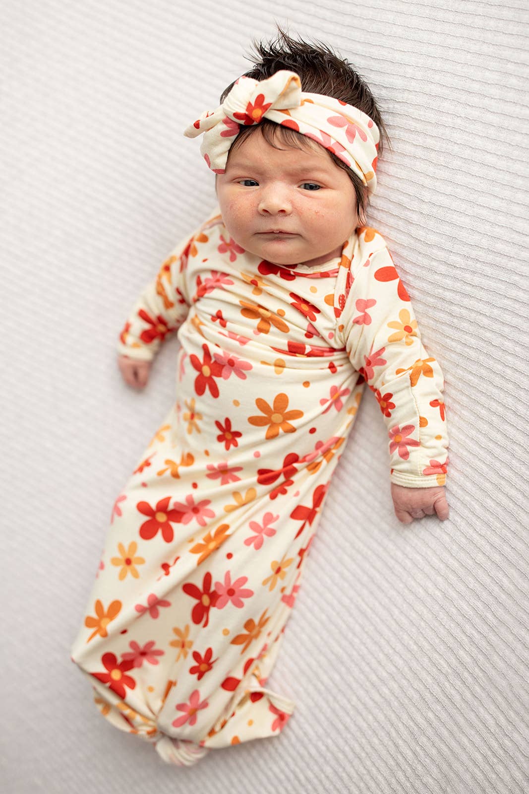 Three Little Tots - 70s Groovy Flower Knotted Newborn Baby Gown — alternate product image, view 8