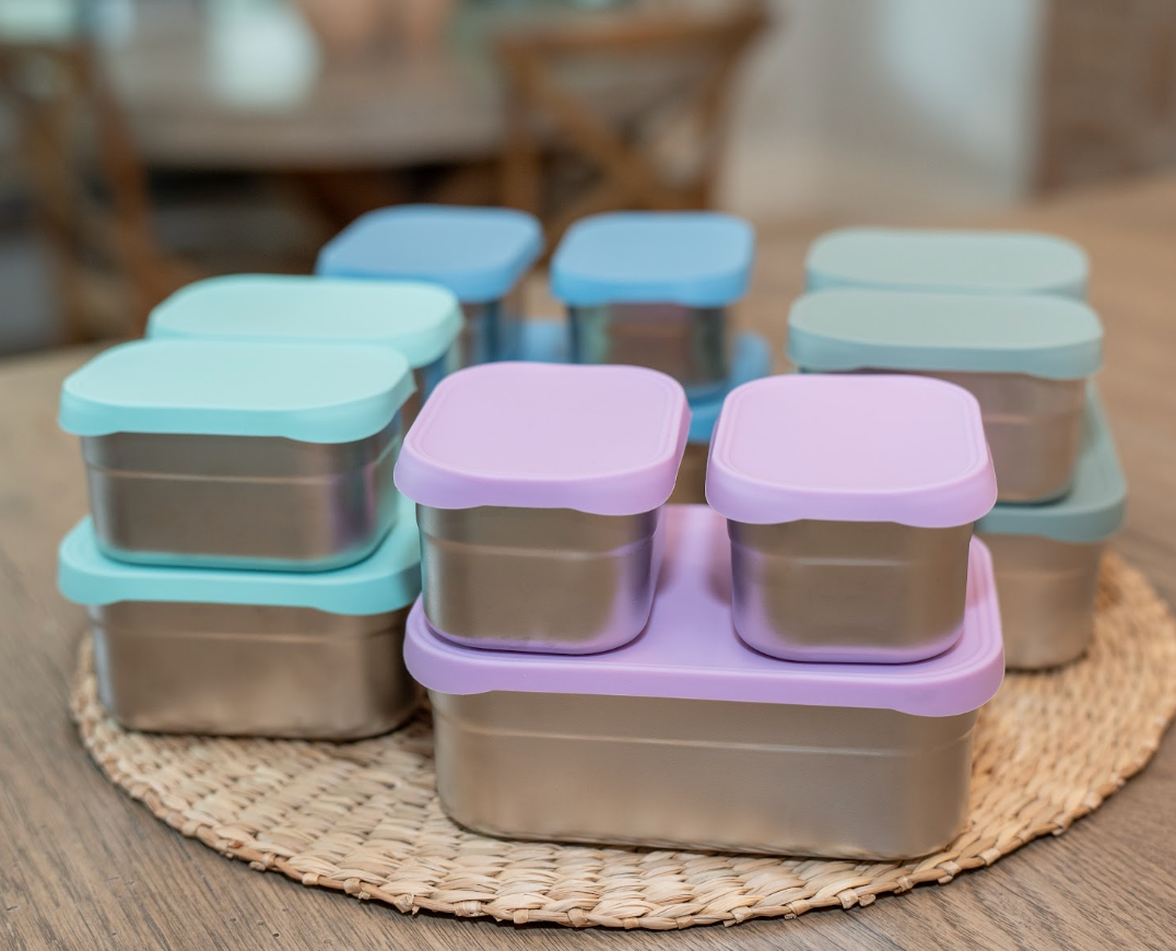 WeeSprout – Stainless Steel Bento Box Set with Silicone Lids – Set, styled in a home or lifestyle setting; BPA-free silicone