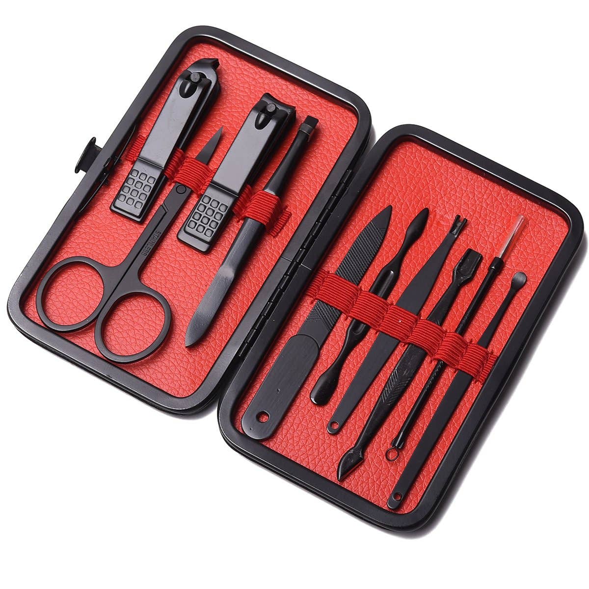 Mad Man Color Pop 10-Piece Men's Grooming Kit - red grooming case and utensils; stainless steel