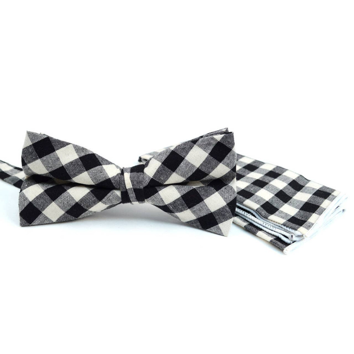 Selini New York - Men's Black Plaid Cotton Bow Tie & Matching Pocket Square — alternate product image, view 3