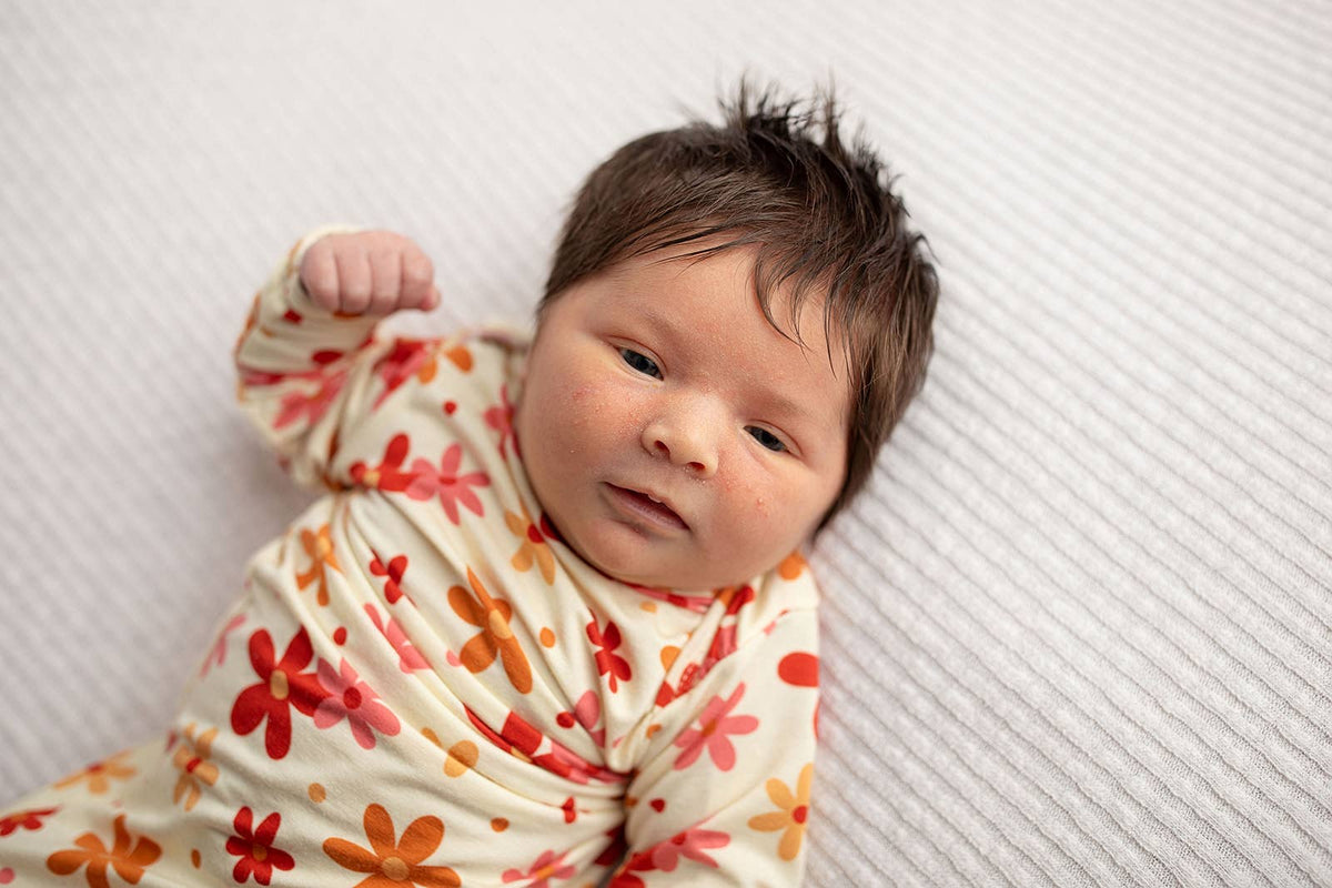 Three Little Tots - 70s Groovy Flower Knotted Newborn Baby Gown — alternate product image, view 9