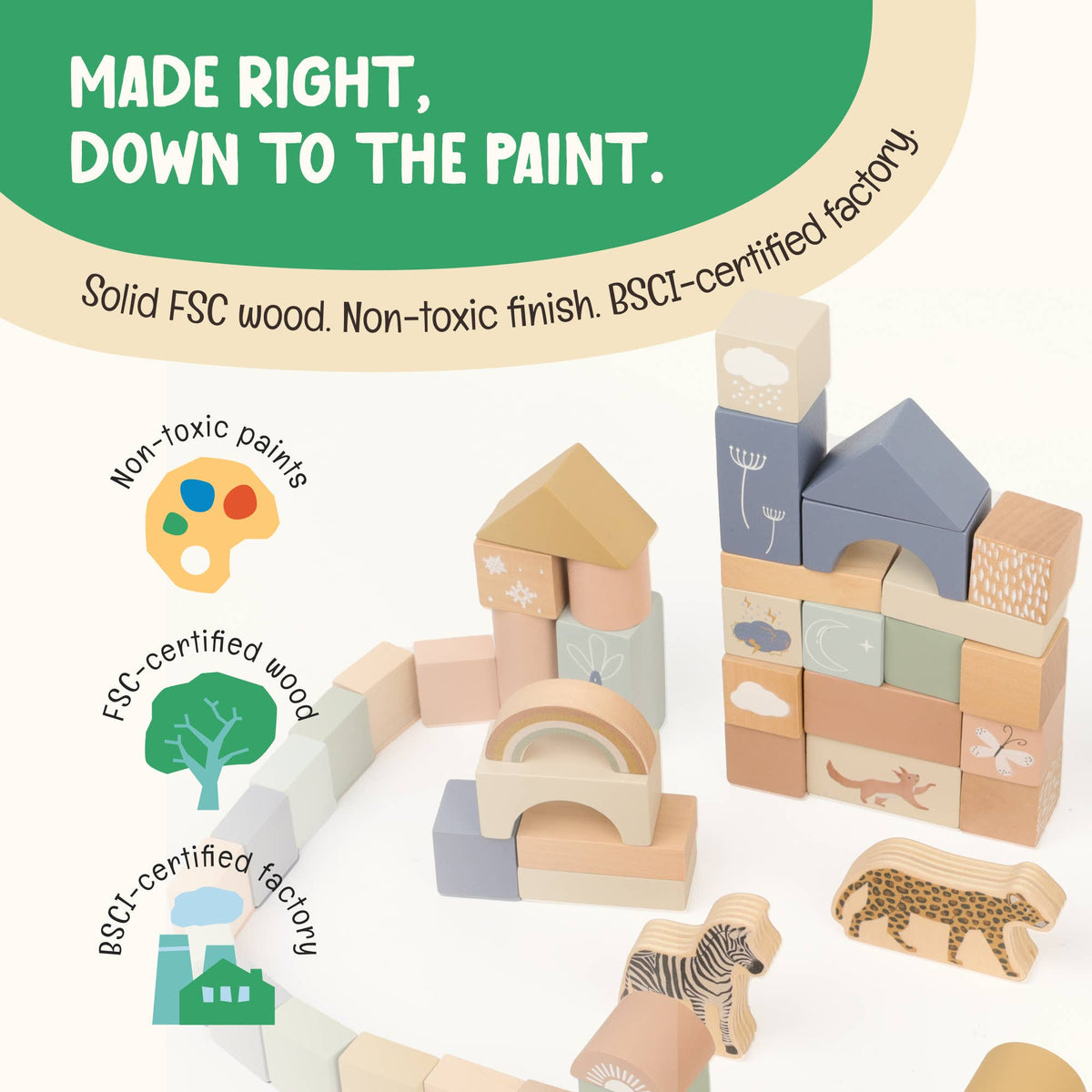 OmaOmaOma! Montessori-Inspired Wooden Learning Toys - Wooden Safari Building Blocks - 70pc Wooden Block Set 2+