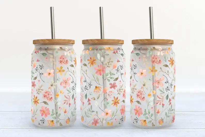 Spring Time Flowers 16oz Frosted Glass Tumbler